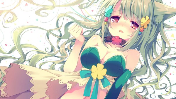 Anime picture 1000x562 with original yumeko (reia) reia long hair blush breasts open mouth light erotic simple background red eyes wide image large breasts white background bare shoulders animal ears lying green hair girl dress collar