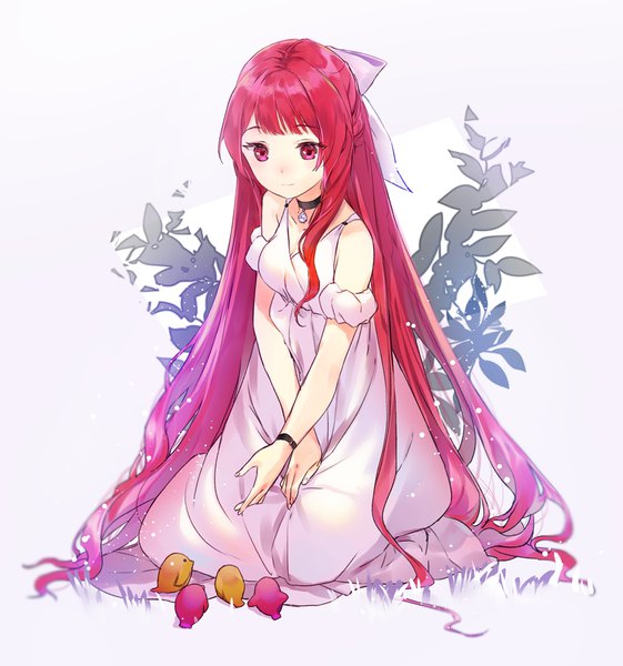 Anime picture 1000x1069 with original macciatto (aciel02) single tall image fringe simple background bare shoulders pink hair full body blunt bangs very long hair pink eyes looking down half updo girl dress bow hair bow animal choker