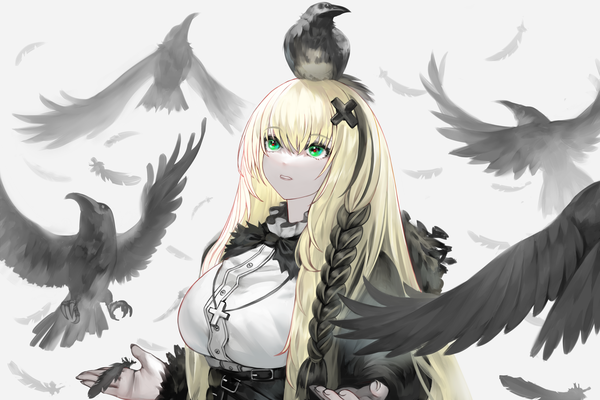 Anime picture 4500x3000 with original stegosauce single long hair fringe highres breasts simple background blonde hair hair between eyes large breasts standing green eyes absurdres upper body braid (braids) parted lips multicolored hair grey background streaked hair