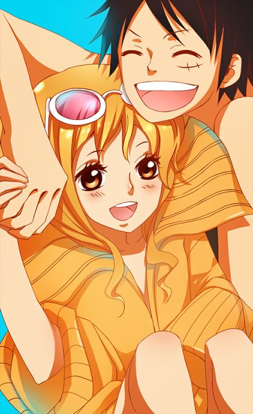 Anime picture 672x1100 with one piece toei animation nami (one piece) monkey d. luffy kristallin-f (artist) tall image blush short hair open mouth black hair smile looking away eyes closed orange eyes holding hands scar girl boy sweater