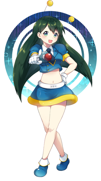 Anime picture 798x1425 with keroro gunsou poyon (keroro gunsou) caramell0501 single long hair tall image blush open mouth green eyes full body green hair sparkle midriff puffy sleeves hand on hip crossed legs (standing) pointing at viewer girl gloves weapon