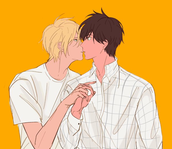 Anime picture 1377x1194 with banana fish mappa ash lynx okumura eiji imtangsun fringe short hair simple background blonde hair hair between eyes brown hair brown eyes green eyes looking away upper body parted lips profile multiple boys holding hands eye contact