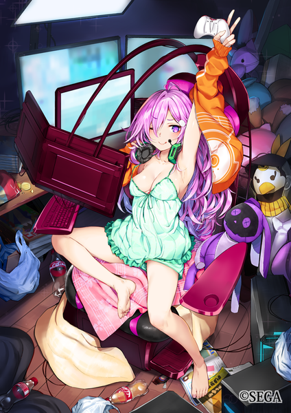 Anime picture 1160x1640 with chunithm sega coca-cola tagme (character) akagi asahito single long hair tall image looking at viewer fringe breasts light erotic smile hair between eyes sitting purple eyes holding payot cleavage purple hair