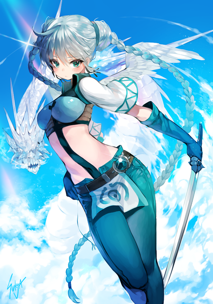 Anime picture 700x1000 with original sorolp single tall image looking at viewer blush fringe blue eyes standing holding signed blue hair sky cloud (clouds) ahoge braid (braids) very long hair sunlight bare belly twin braids
