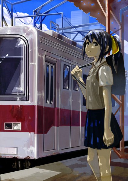 Anime picture 1000x1414 with original koruse single long hair tall image black hair ponytail black eyes girl skirt uniform school uniform miniskirt serafuku school bag train