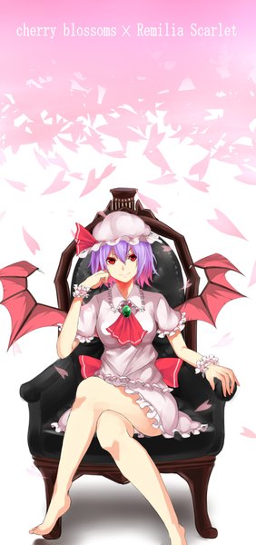Anime picture 942x2000 with touhou remilia scarlet akira (mr akira) single tall image looking at viewer short hair smile red eyes purple hair barefoot character names crossed legs bat wings girl dress petals wings bonnet armchair