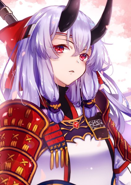 Anime picture 707x1000 with fate (series) fate/grand order tomoe gozen (fate) fujikiri yana single long hair tall image looking at viewer blush fringe open mouth hair between eyes red eyes payot silver hair upper body traditional clothes head tilt japanese clothes horn (horns)