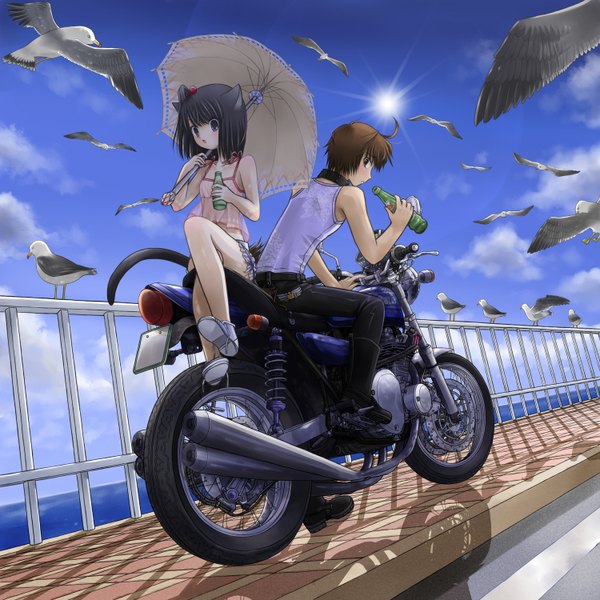 Anime picture 1500x1500 with original kanzaki miku kanzaki hayato kuroinu short hair black hair animal ears black eyes cat ears cat tail couple girl boy umbrella motorcycle seagull