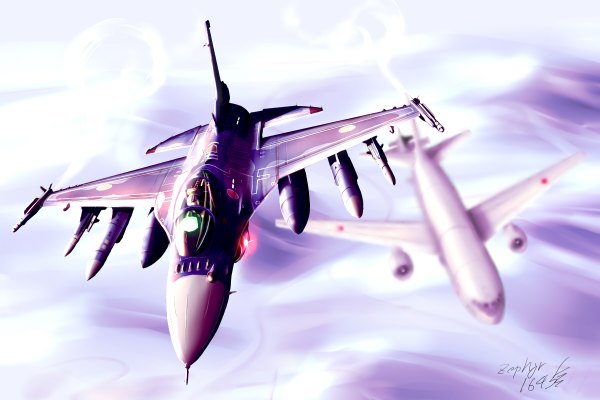 Anime picture 1200x800 with original zephyr164 signed sky flying weapon aircraft airplane jet