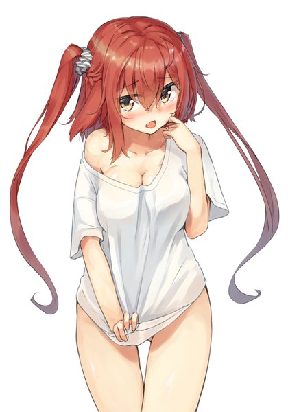 Anime picture 1372x1960 with original ruma imaginary single long hair tall image looking at viewer blush fringe breasts open mouth light erotic simple background hair between eyes red eyes large breasts white background twintails bare shoulders cleavage red hair