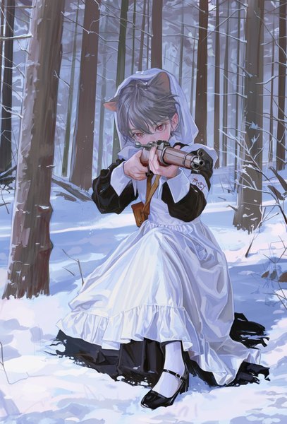 Anime picture 1000x1475 with original fkey single tall image looking at viewer blush fringe short hair hair between eyes holding signed animal ears full body bent knee (knees) outdoors long sleeves pink eyes grey hair cat ears maid