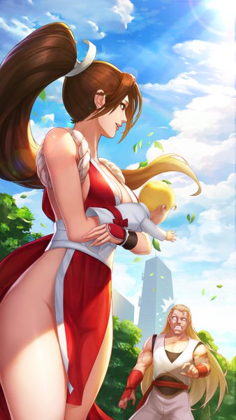 Anime picture 3000x5318 with the king of fighters fatal fury snk shiranui mai andy bogard sramy long hair tall image fringe highres short hair breasts open mouth light erotic blonde hair smile brown hair large breasts standing holding