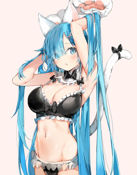 Anime picture 2716x3466 with vocaloid hatsune miku silver (chenwen) single tall image looking at viewer blush fringe highres open mouth blue eyes light erotic simple background standing animal ears cleavage tail blunt bangs very long hair animal tail