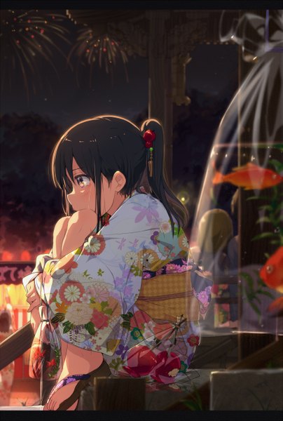 Anime picture 904x1340 with original ogipote single long hair tall image blush black hair brown eyes looking away ponytail traditional clothes japanese clothes girl animal food kimono fruit fish (fishes) candy apple