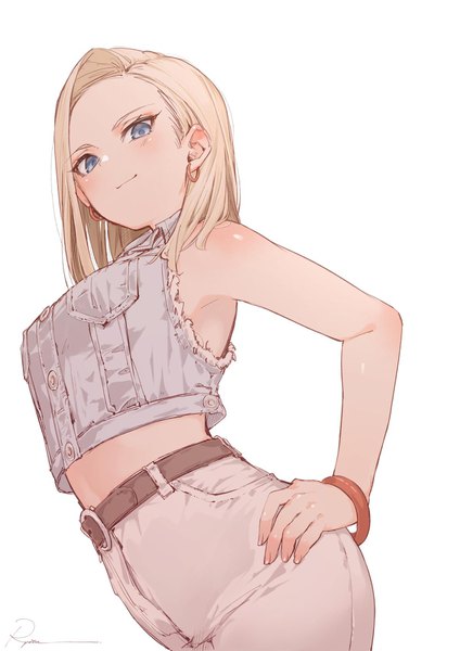 Anime picture 1200x1697 with dragon ball dragon ball z android 18 ryota (ry o ta) single tall image looking at viewer blush short hair breasts blue eyes simple background blonde hair smile standing white background bare shoulders from below midriff sleeveless