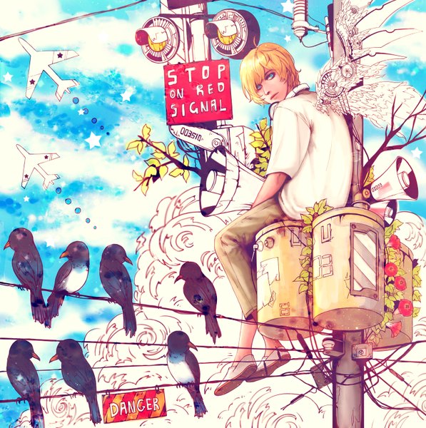 Anime picture 1500x1508 with original mustard (pixiv) tall image short hair blue eyes blonde hair sky cloud (clouds) looking back boy animal wings shorts headphones bird (birds) star (symbol) wire (wires) aircraft airplane megaphone