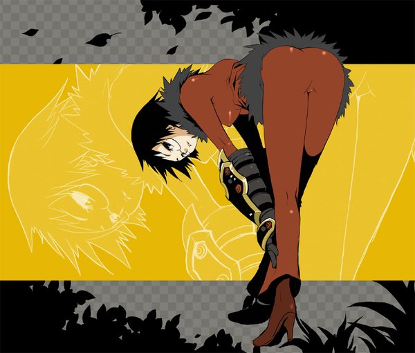 Anime picture 1000x850 with sekaiju no meikyuu alchemist (sekaiju) gin (oyoyo) looking at viewer short hair light erotic black hair ass black eyes high heels yellow background zoom layer bent over checkered girl glasses shoes armor fur