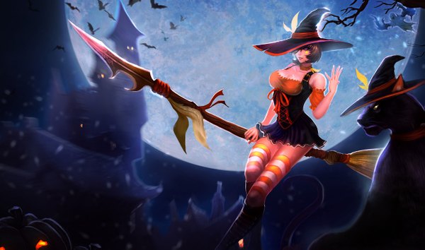 Anime picture 1215x717 with league of legends nidalee (league of legends) short hair brown hair wide image sitting bare shoulders pink eyes witch girl thighhighs dress weapon detached sleeves animal boots moon star (stars) witch hat striped thighhighs