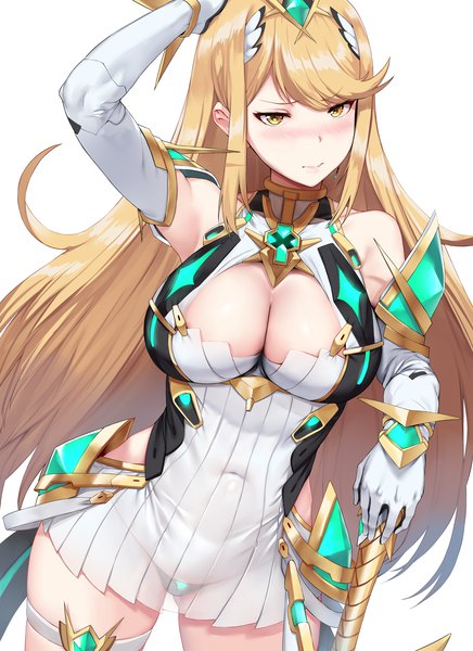 Anime picture 4000x5500 with xenoblade xenoblade 2 mythra (xenoblade) hews single long hair tall image looking at viewer blush highres breasts light erotic simple background blonde hair large breasts white background bare shoulders yellow eyes absurdres cleavage