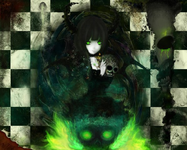 Anime picture 1600x1284 with black rock shooter dead master long hair black hair green eyes horn (horns) glowing glowing eye (eyes) checkered checkered background girl dress wings black dress skull flame