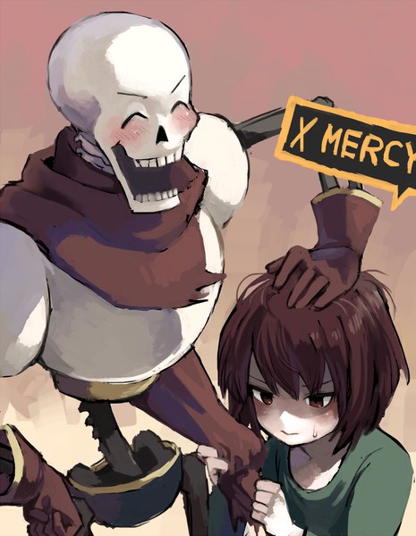Anime picture 775x1000 with undertale chara (undertale) papyrus (undertale) shousan (hno3syo) tall image blush fringe short hair simple background brown hair holding brown eyes eyes closed inscription gradient background looking down ^ ^ skeleton androgynous laughing