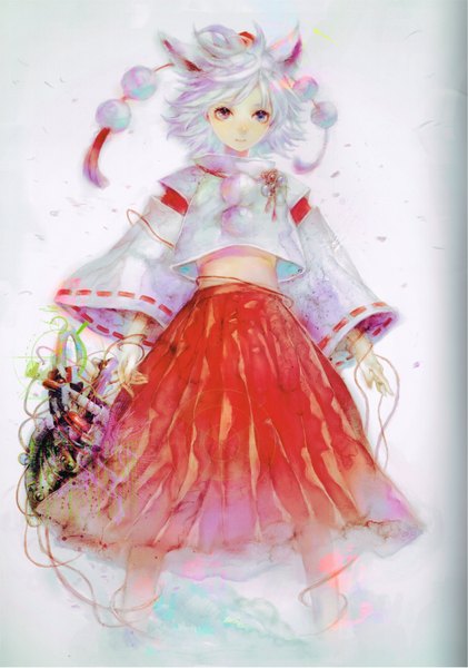 Anime picture 4819x6874 with touhou inubashiri momiji yogisya single tall image highres short hair simple background standing purple eyes animal ears looking away absurdres white hair traditional clothes japanese clothes scan bare belly wolf ears wolf girl