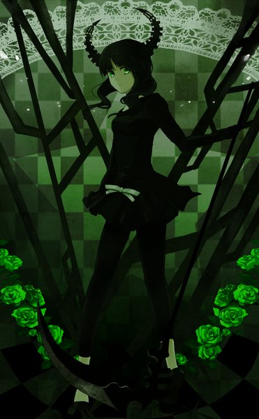 Anime picture 1300x2100 with black rock shooter dead master single long hair tall image looking at viewer black hair green eyes horn (horns) checkered background girl dress black dress scythe