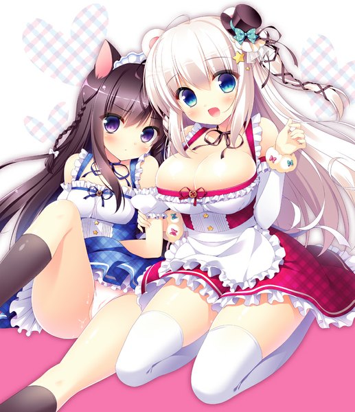 Anime picture 800x928 with original sasai saji long hair tall image blush breasts open mouth blue eyes light erotic black hair smile large breasts purple eyes multiple girls animal ears bent knee (knees) white hair braid (braids) :d cat ears