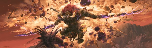 Anime picture 2578x825 with elden ring starscourge radahn stanton feng single long hair highres wide image holding full body red hair horn (horns) spread arms electricity riding explosion boy weapon animal huge weapon huge sword