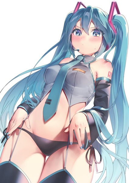 Anime picture 1414x2000 with vocaloid hatsune miku kirisaki shuusei single long hair tall image blush fringe light erotic simple background standing white background twintails bare shoulders payot nail polish aqua eyes aqua hair thigh gap looking down