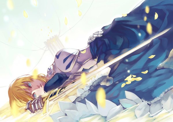 Anime picture 1500x1061 with fate (series) fate/stay night fate/zero studio deen type-moon artoria pendragon (all) saber joseph lee single fringe breasts blonde hair holding lying aqua eyes girl dress gloves weapon petals