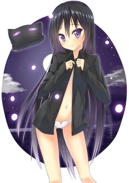 Anime picture 1240x1754 with minecraft enderman uke (artist) single tall image looking at viewer blush light erotic black hair white background purple eyes very long hair light smile legs naked shirt personification girl navel underwear panties