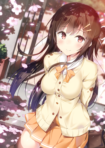 Anime picture 868x1228 with original hatsuki kaname single long hair tall image looking at viewer blush fringe breasts hair between eyes red eyes brown hair standing outdoors pleated skirt light smile from above wind cherry blossoms hands behind back