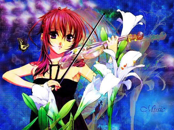 Anime picture 1024x768 with sister princess zexcs chikage (sister princess) single short hair purple eyes red hair wallpaper sleeveless girl dress flower (flowers) black dress insect butterfly lily (flower) violin bow (instrument)