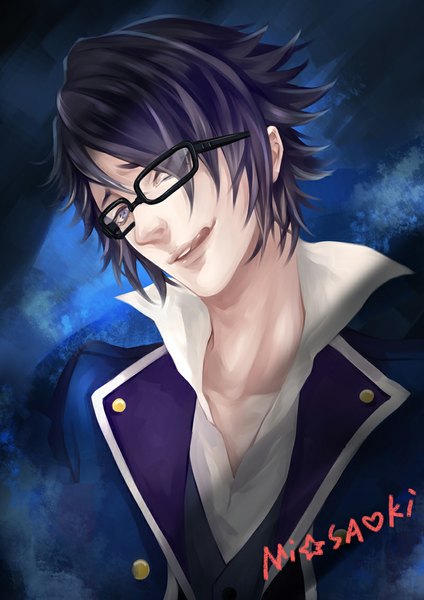 Anime picture 800x1131 with k-project gohands (studio) fushimi saruhiko dk (pixiv) single tall image looking at viewer fringe short hair blue eyes signed blue hair light smile hair over one eye open collar licking boy glasses tongue