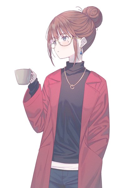 Anime picture 1414x2000 with original koh rd single tall image blush fringe short hair simple background hair between eyes brown hair standing white background holding payot long sleeves open clothes mole grey eyes hair bun (hair buns) mole under eye