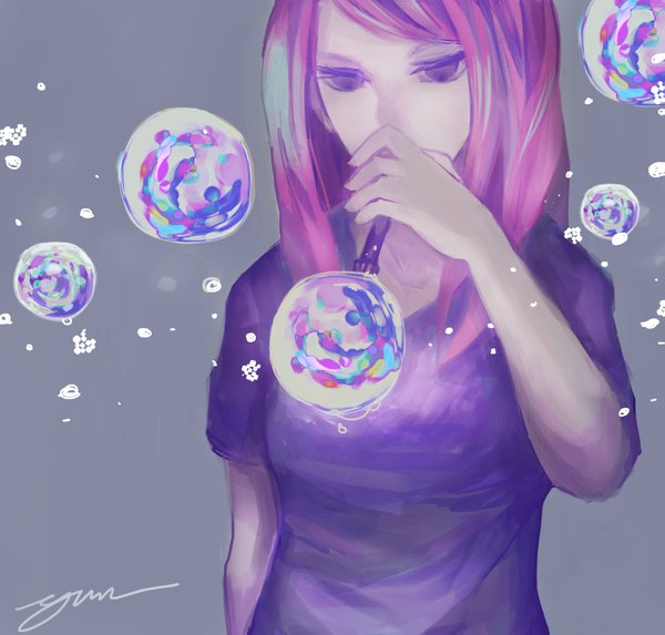 Anime picture 2079x1987 with original yun (pixiv) single fringe highres short hair breasts purple eyes signed pink hair girl bubble (bubbles) t-shirt