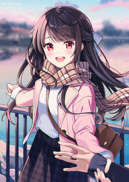 Anime picture 2180x3082 with original kawashima yaruki yaruwashi long hair tall image looking at viewer blush highres open mouth black hair red eyes outdoors :d teeth holding hands solo focus half updo pov girl scarf
