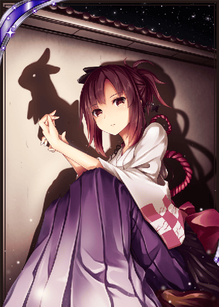 Anime picture 640x896 with shinkai no valkyrie akkijin single long hair tall image looking at viewer brown hair sitting brown eyes sky outdoors traditional clothes japanese clothes night wide sleeves shadow night sky card (medium) girl ribbon (ribbons)