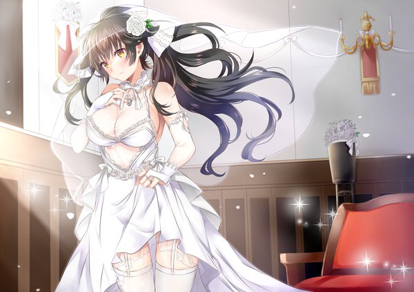 Anime picture 1227x867 with azur lane takao (azur lane) mashiro aa single long hair blush fringe breasts light erotic black hair hair between eyes large breasts standing bare shoulders yellow eyes looking away cleavage ponytail indoors head tilt