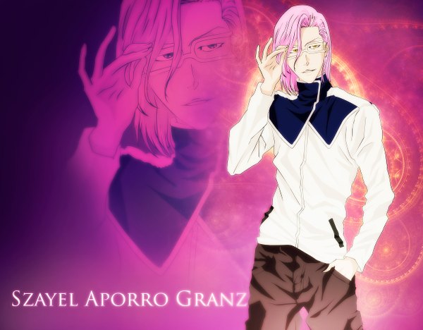 Anime picture 1240x968 with bleach studio pierrot szayel aporro grantz short hair pink hair pink eyes inscription wallpaper hand in pocket zoom layer adjusting glasses espada boy glasses