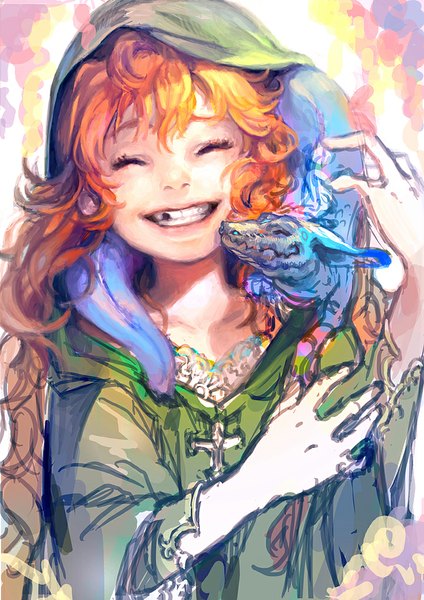 Anime picture 720x1019 with original sono (pixiv) long hair tall image smile eyes closed orange hair girl hood cross dragon