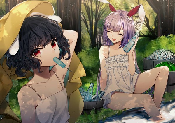 Anime picture 5014x3541 with touhou reisen udongein inaba inaba tewi renkarua long hair looking at viewer highres short hair open mouth light erotic black hair red eyes multiple girls holding animal ears absurdres purple hair outdoors eyes closed sweat