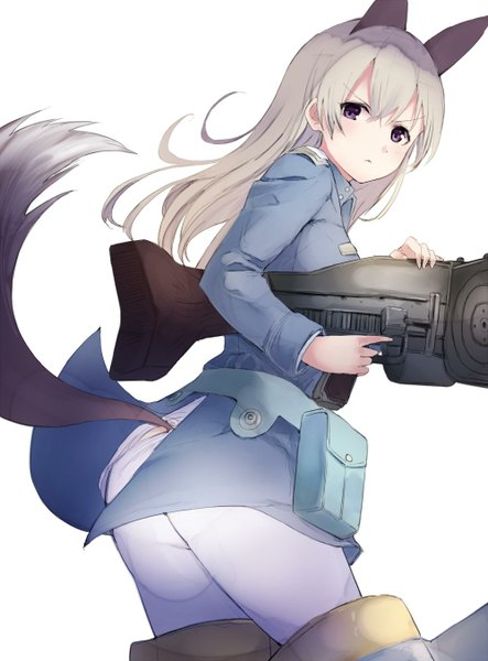 Anime picture 1000x1354 with strike witches eila ilmatar juutilainen sumisu (mondo) single long hair tall image looking at viewer simple background white background purple eyes animal ears tail animal tail grey hair girl uniform weapon gun military uniform fanny pack