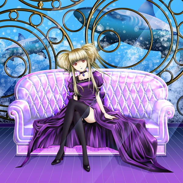 Anime picture 1012x1012 with aoki hagane no arpeggio kongou (aoki hagane no arpeggio) ikebukuro maria single long hair looking at viewer blonde hair red eyes sitting crossed legs girl thighhighs dress black thighhighs couch fish (fishes) shark