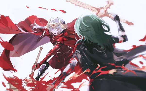 Anime picture 3720x2334 with fire emblem fire emblem: three houses nintendo edelgard von hresvelg byleth (fire emblem) byleth (female) (fire emblem) enlightened byleth (female) huanxiangfengmi0915 long hair highres open mouth simple background white background purple eyes multiple girls holding absurdres white hair arm up horn (horns)