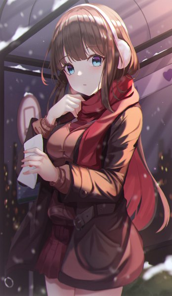 Anime picture 677x1166 with original g home single long hair tall image looking at viewer blush fringe breasts open mouth blue eyes brown hair standing holding outdoors blunt bangs long sleeves parted lips :d pleated skirt