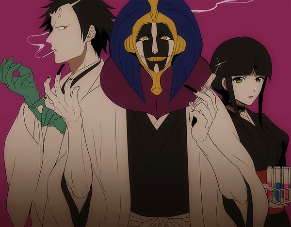 Anime picture 1000x783 with bleach studio pierrot kurotsuchi nemu kurotsuchi mayuri akon yukin (es) long hair looking at viewer short hair black hair simple background smile green eyes yellow eyes nail polish traditional clothes japanese clothes profile fingernails multiple boys