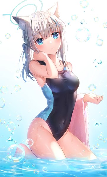 Anime picture 2321x3849 with blue archive shiroko (blue archive) shiroko (swimsuit) (blue archive) umishima rinta single long hair tall image blush highres blue eyes light erotic animal ears silver hair kneeling partially submerged official alternate costume covered navel arm around neck girl swimsuit