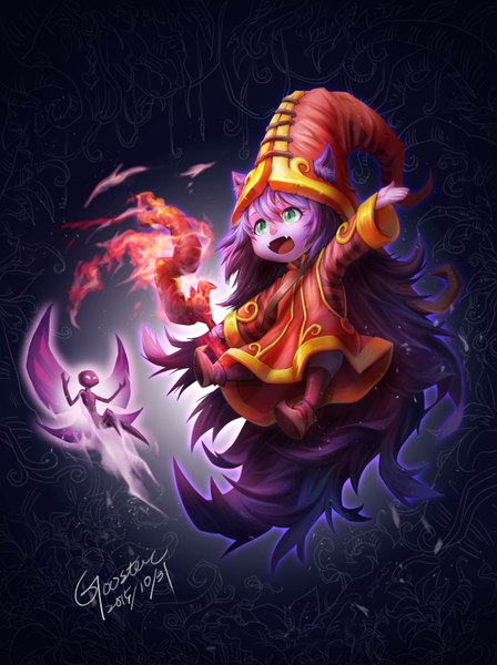 Anime picture 2480x3316 with league of legends lulu (league of legends) gooster single tall image fringe highres open mouth green eyes animal ears purple hair very long hair teeth fang (fangs) outstretched arm purple skin girl hat staff flame
